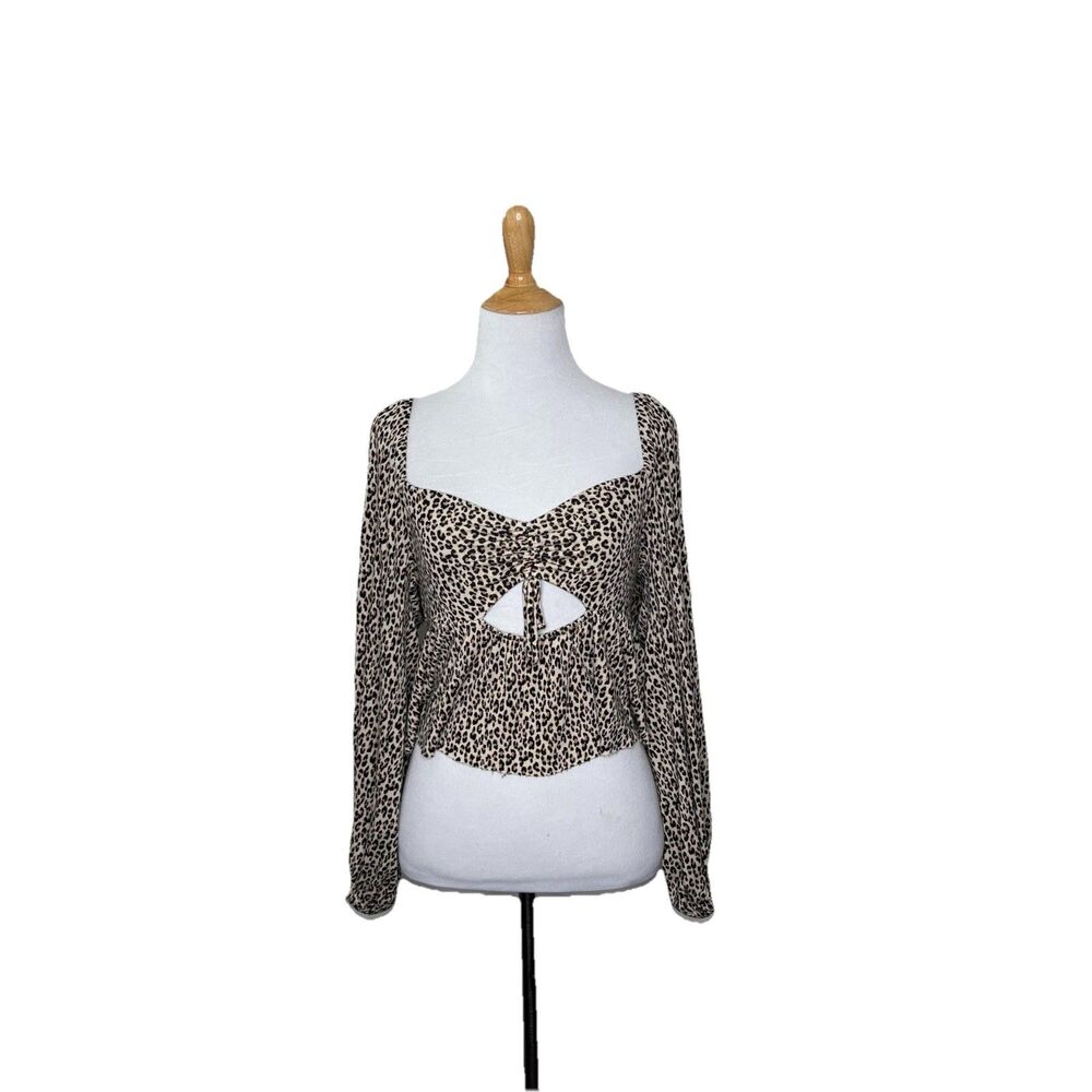 Urban Outfitters Leopard Animal Print Peplum Ruffle Long Sleeve Keyhole Top M